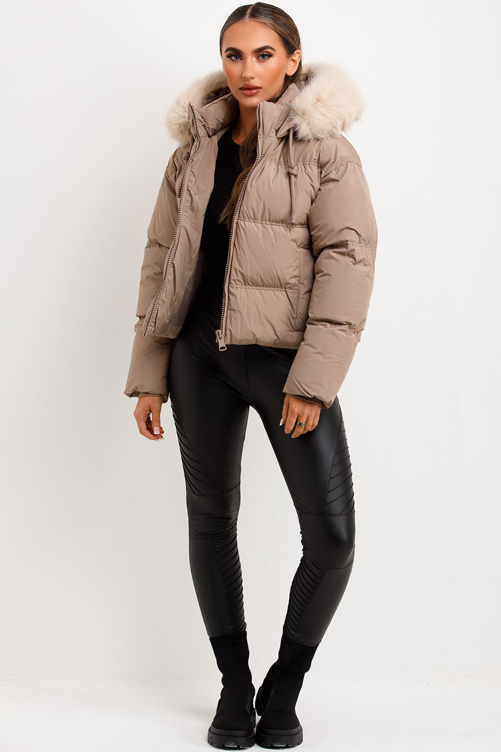 Puffer Jacket With Faux Fur Hood Stone