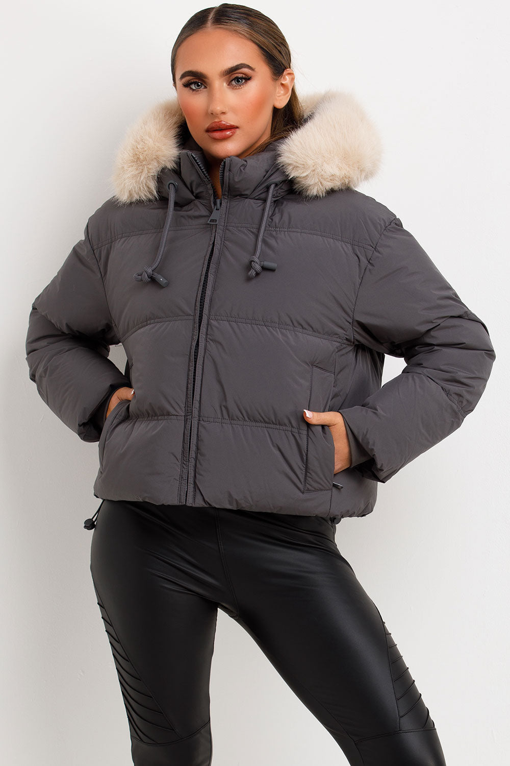 Grey Puffer Jacket With Faux Fur Hood