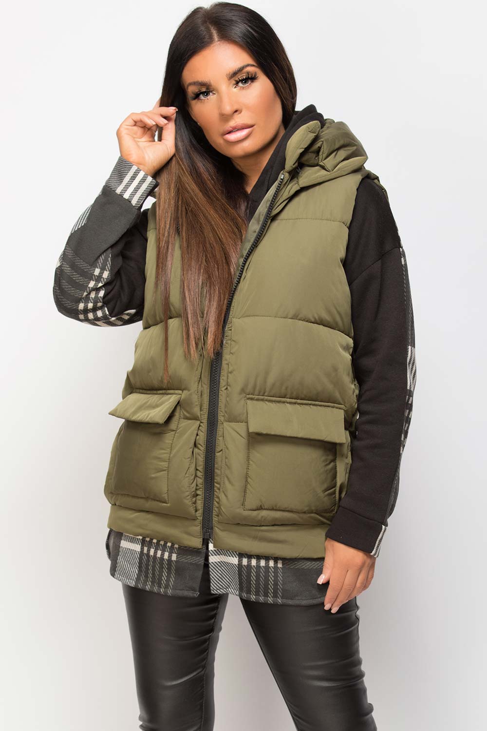 Padded Gilet With Belt And Detachable Hood Khaki