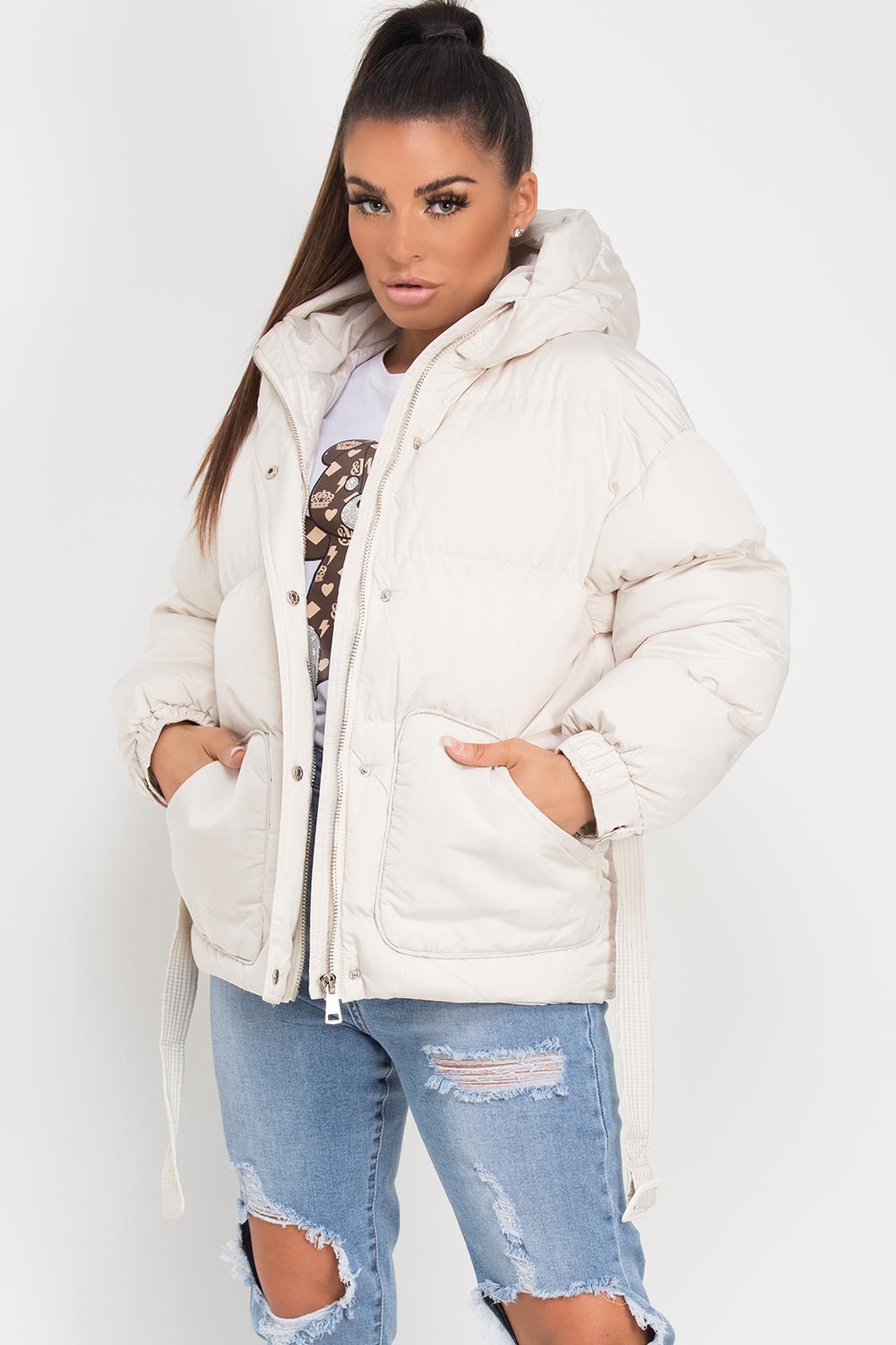 Puffer Padded Jacket With Belt Beige