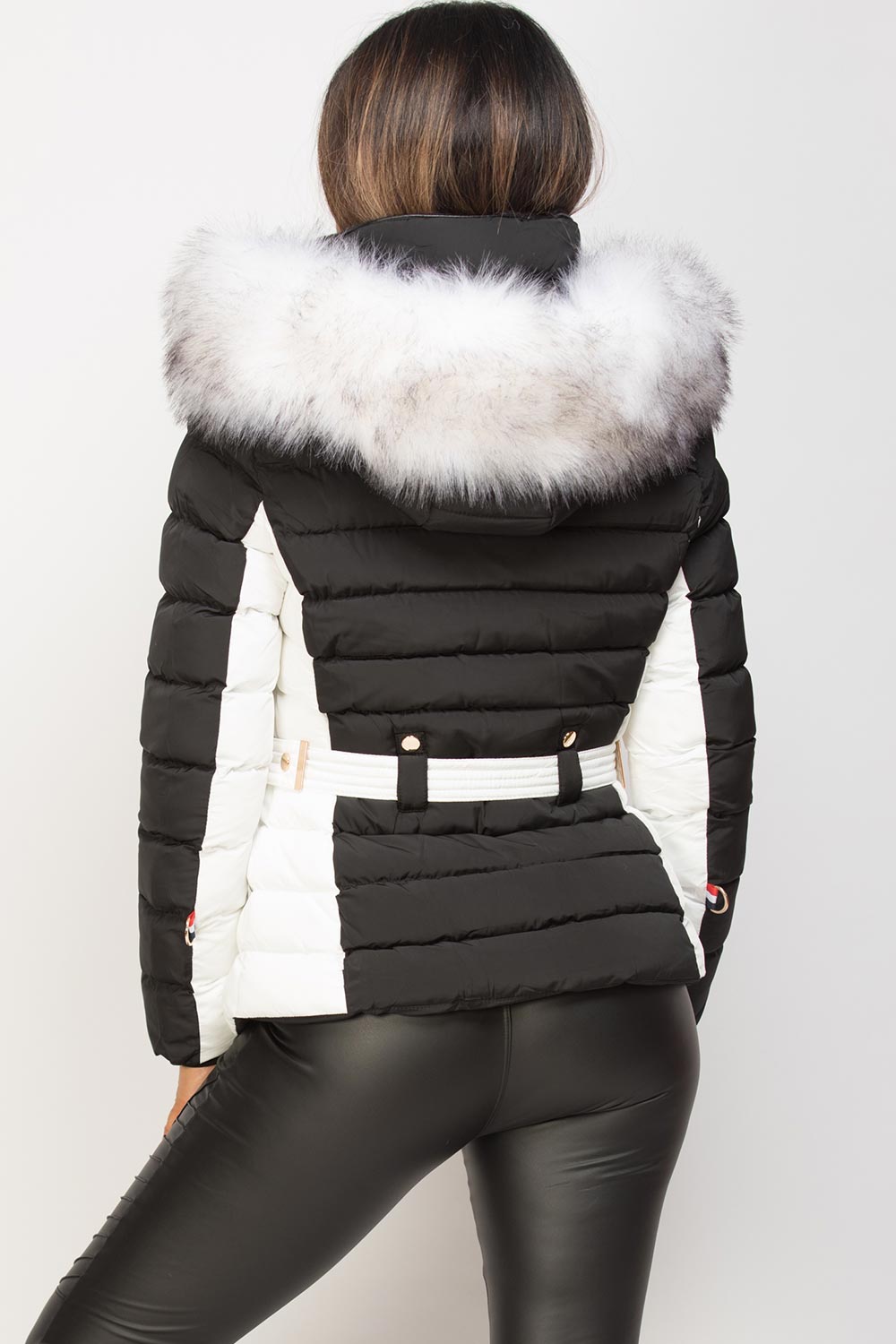 Puffer Jacket With Faux Fur Hood Black And White