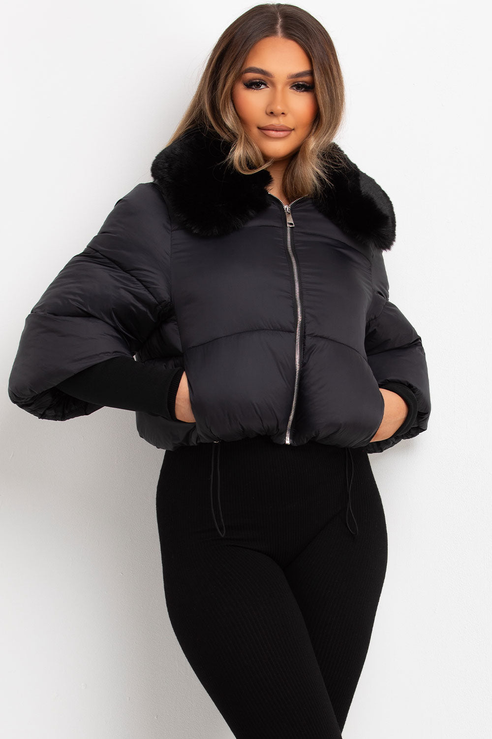 Faux Fur Collar Puffer Jacket Black