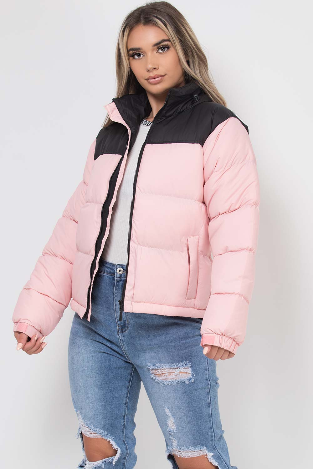 Puffer Jacket Pink And Black Colour Block