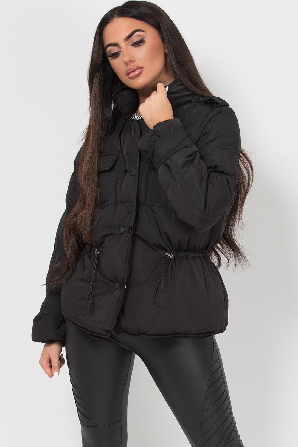 Black Puffer Jacket With Elasticated Drawstring