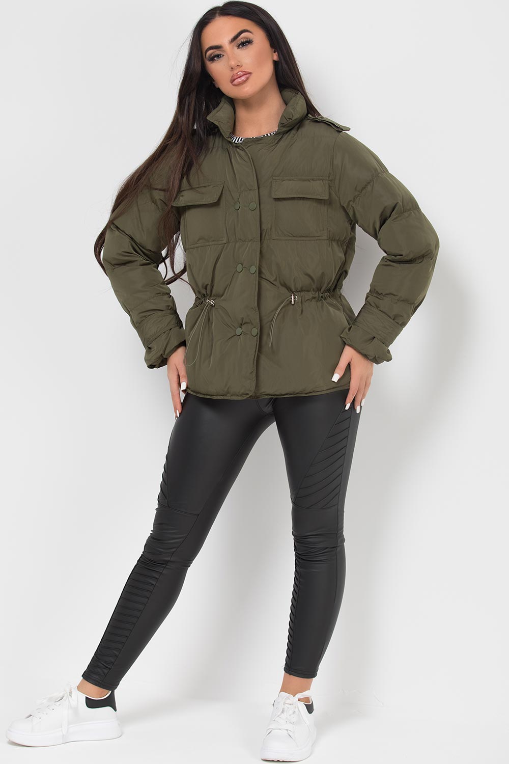 Puffer Jacket With Elasticated Drawstring Khaki