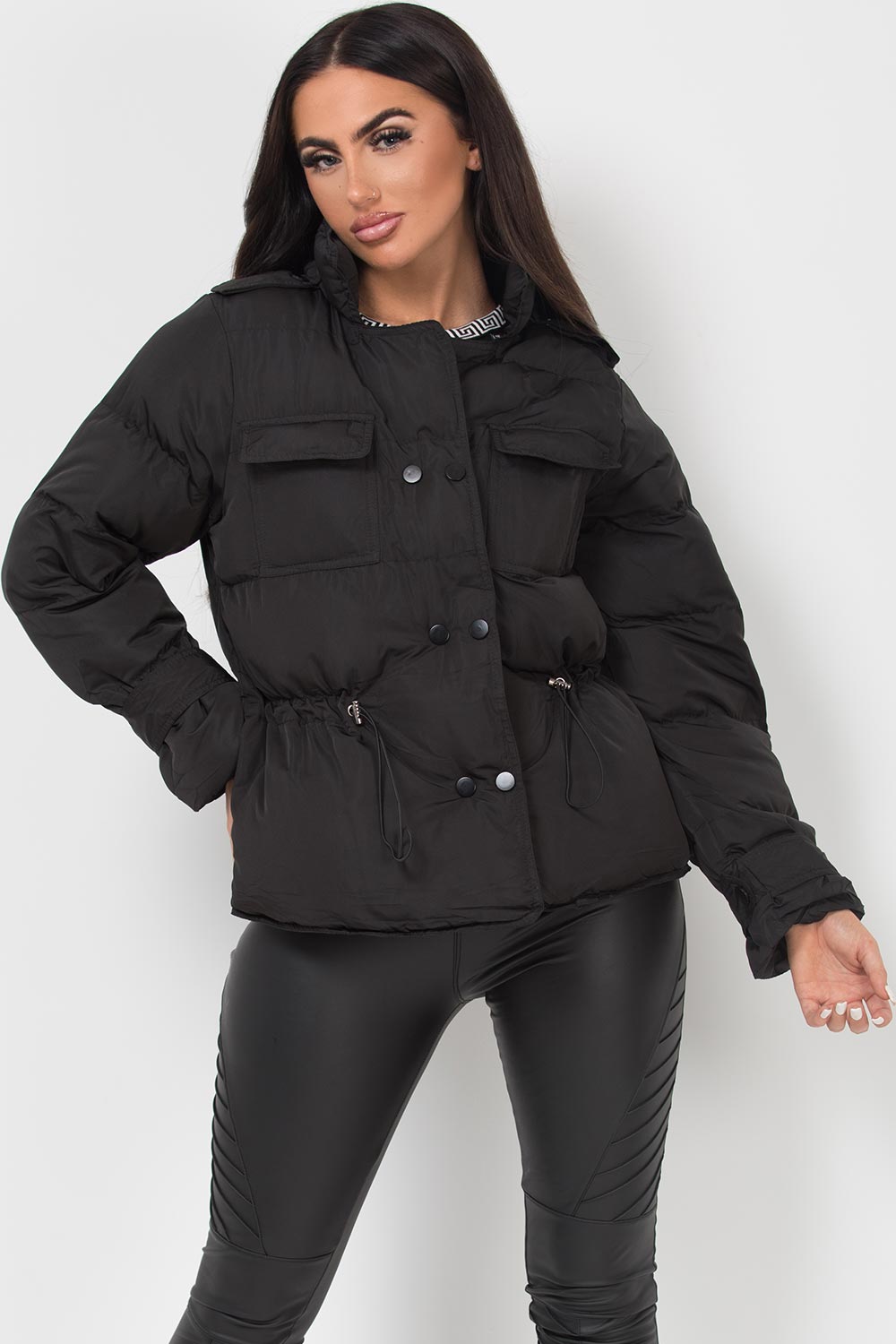 Black Puffer Jacket With Elasticated Drawstring