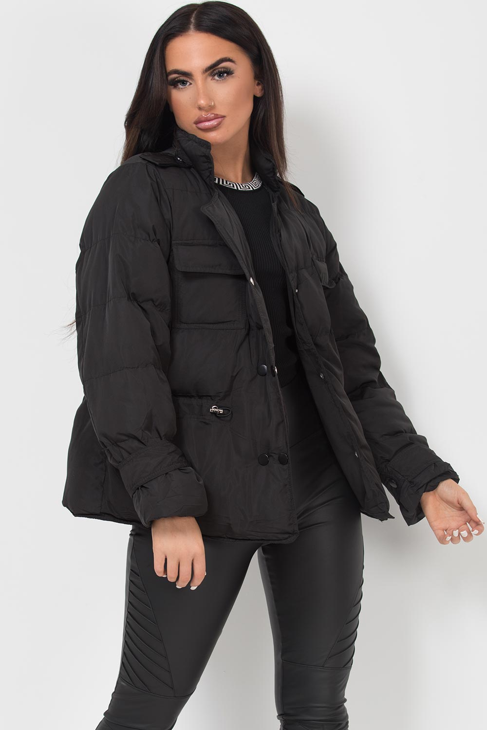 Black Puffer Jacket With Elasticated Drawstring