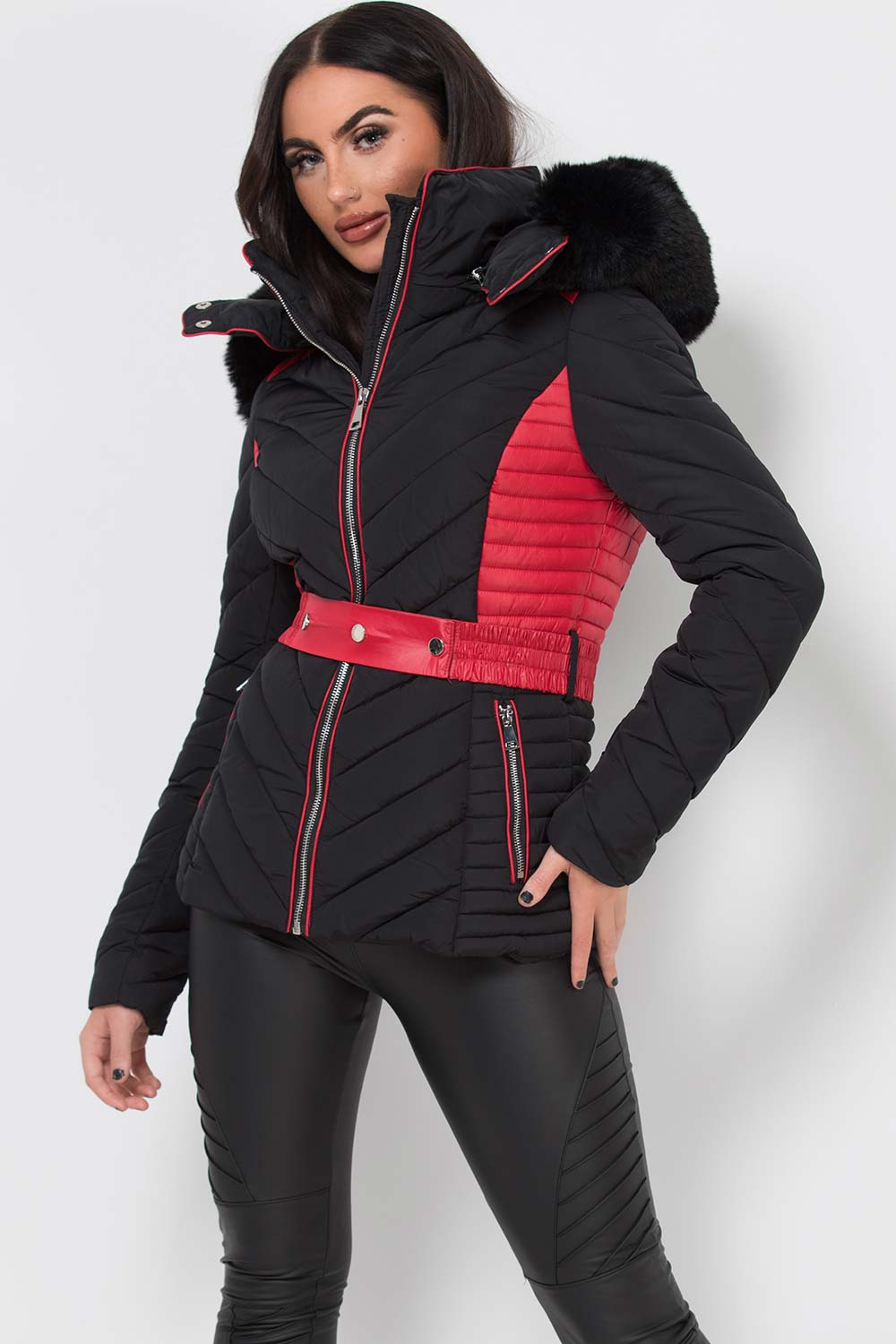 Puffer Quilted Jacket With Faux Fur Hood Belted Black And Red