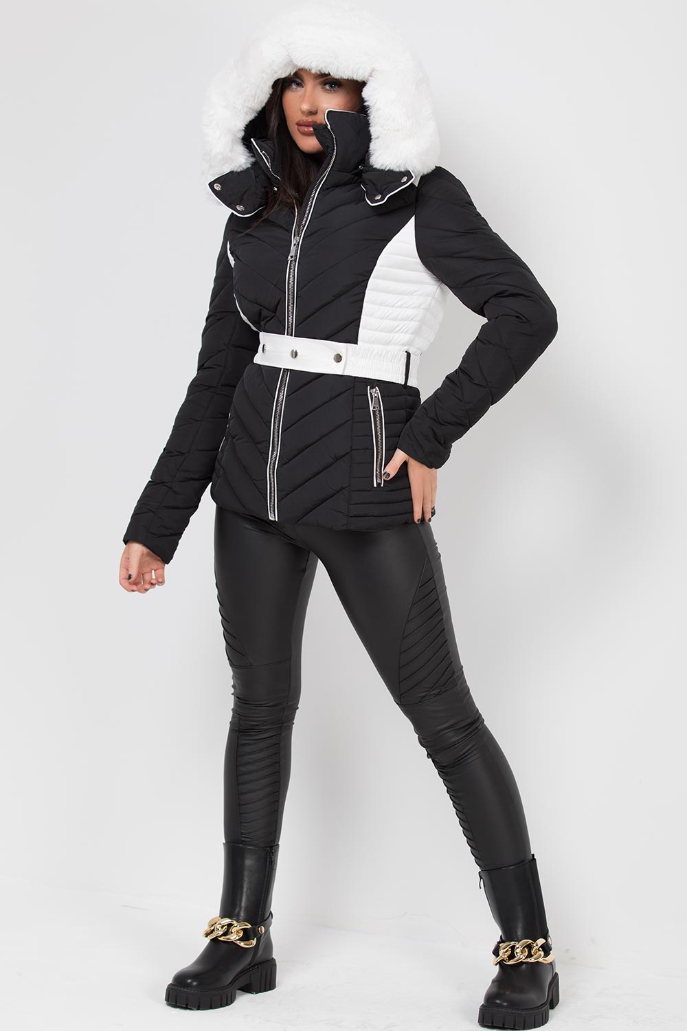 Puffer Quilted Jacket With Faux Fur Hood Belted Black And White