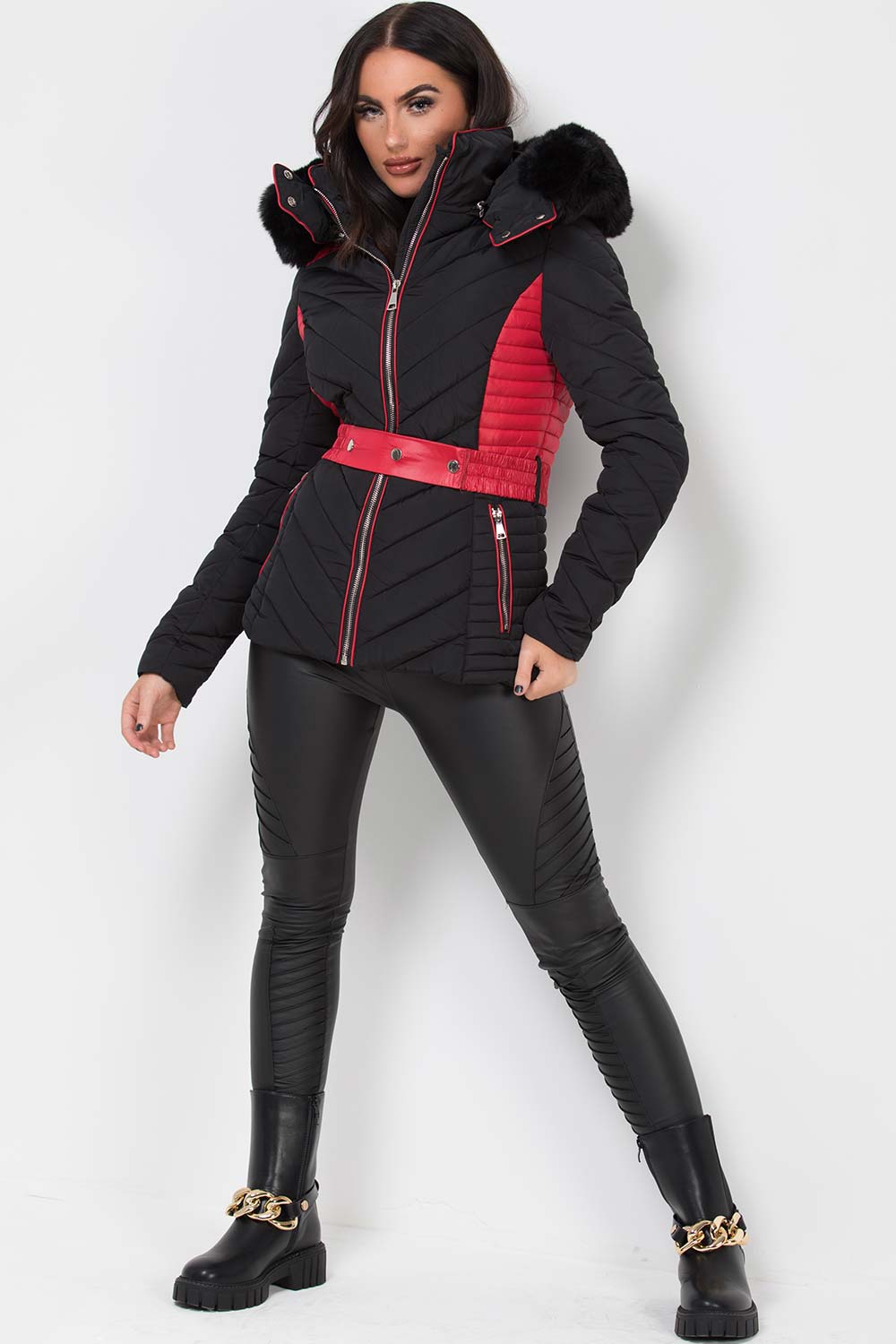 Puffer Quilted Jacket With Faux Fur Hood Belted Black And Red