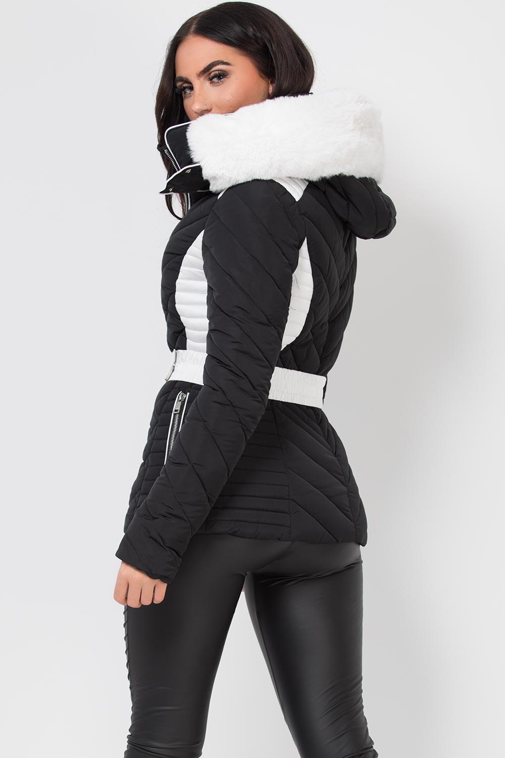 Puffer Quilted Jacket With Faux Fur Hood Belted Black And White