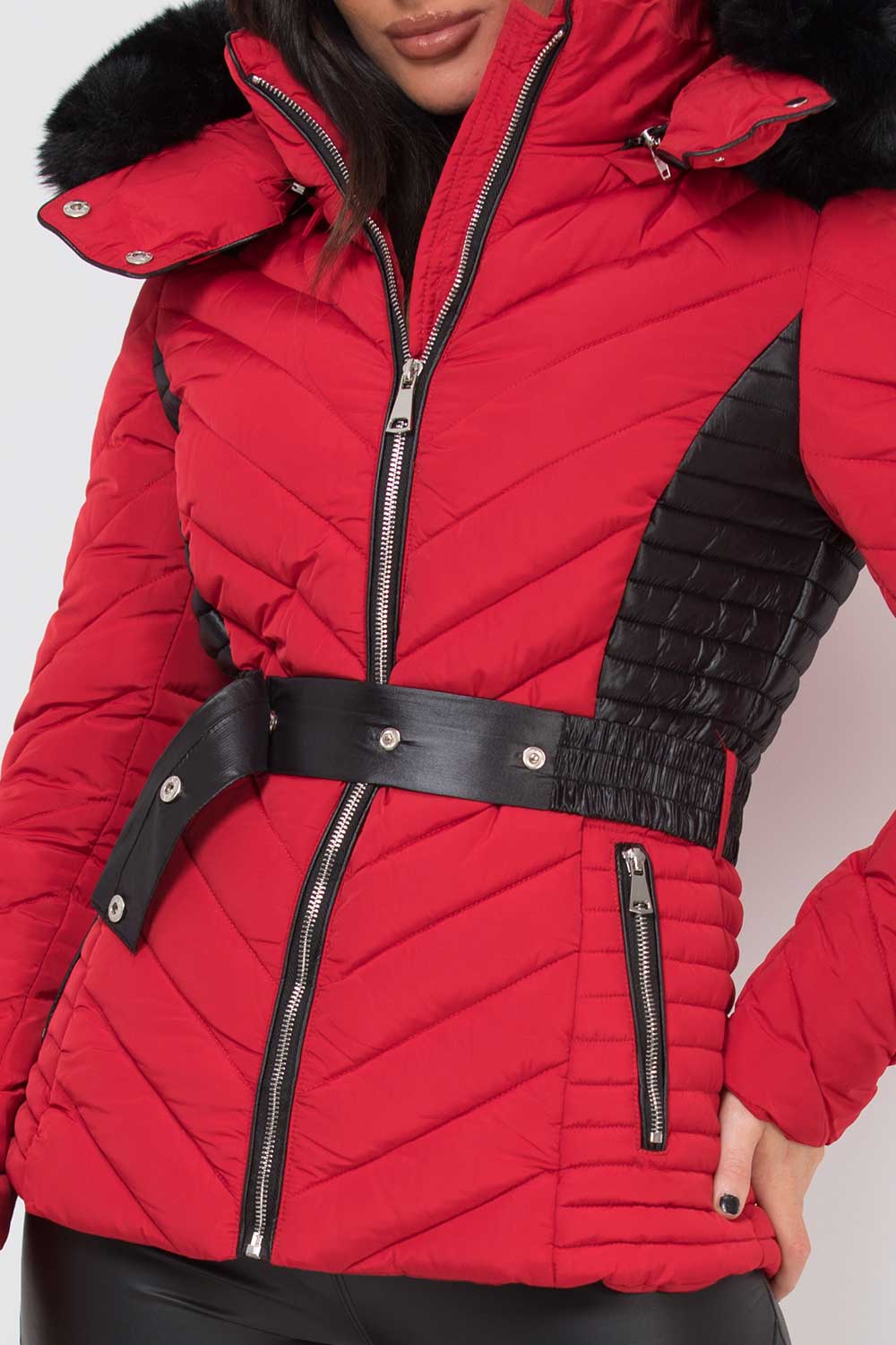 Puffer Quilted Jacket With Faux Fur Hood And Belt Red