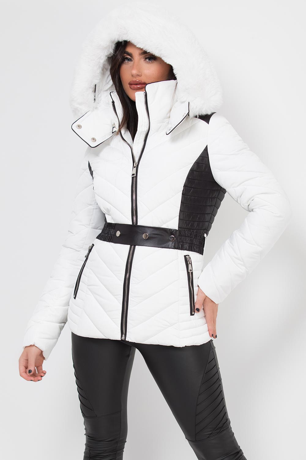 Puffer Quilted Jacket With Faux Fur Hood Belted White