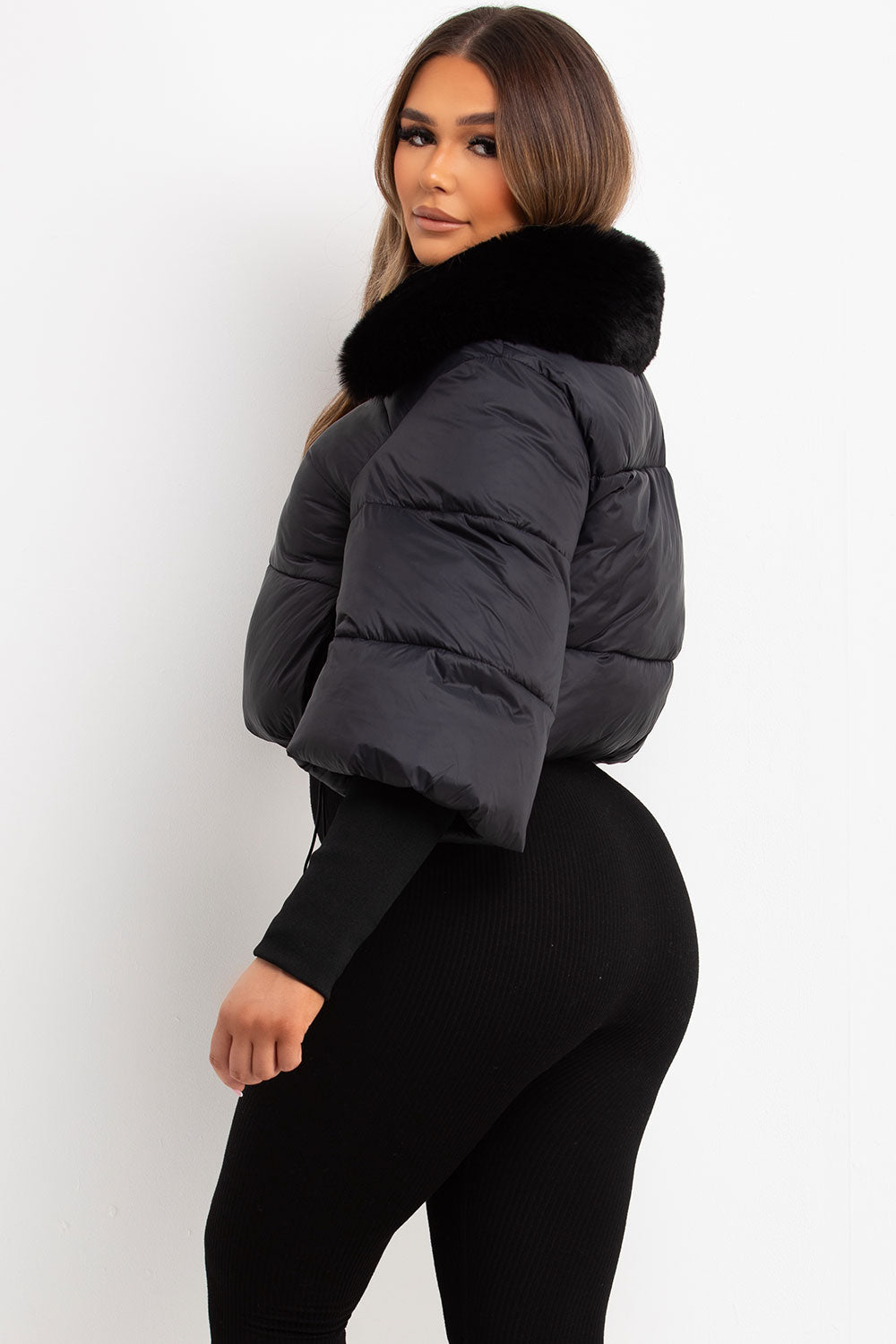 Faux Fur Collar Puffer Jacket Black