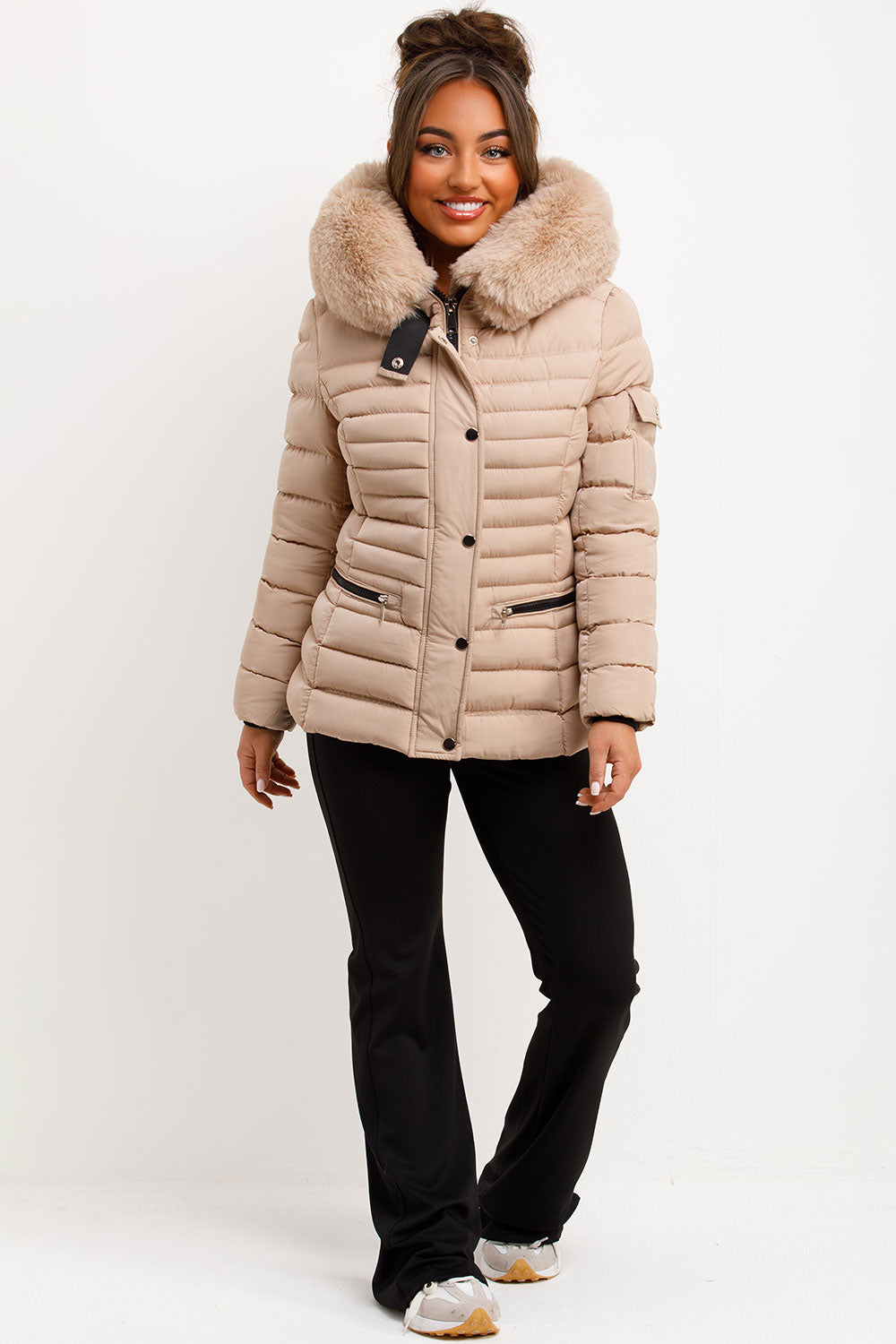 Puffer Jacket With Faux Fur Hood Side Buckle Detail Beige