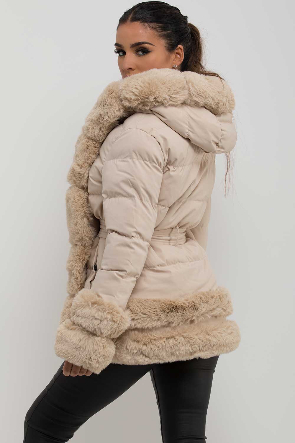 Puffer Jacket With Fur Hood Cuff And Trim Beige