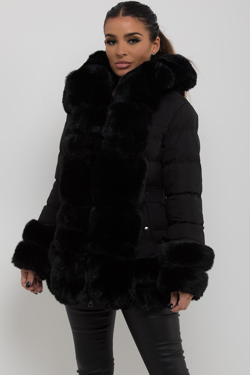 Puffer Jacket With Fur Hood Cuff And Trim Black