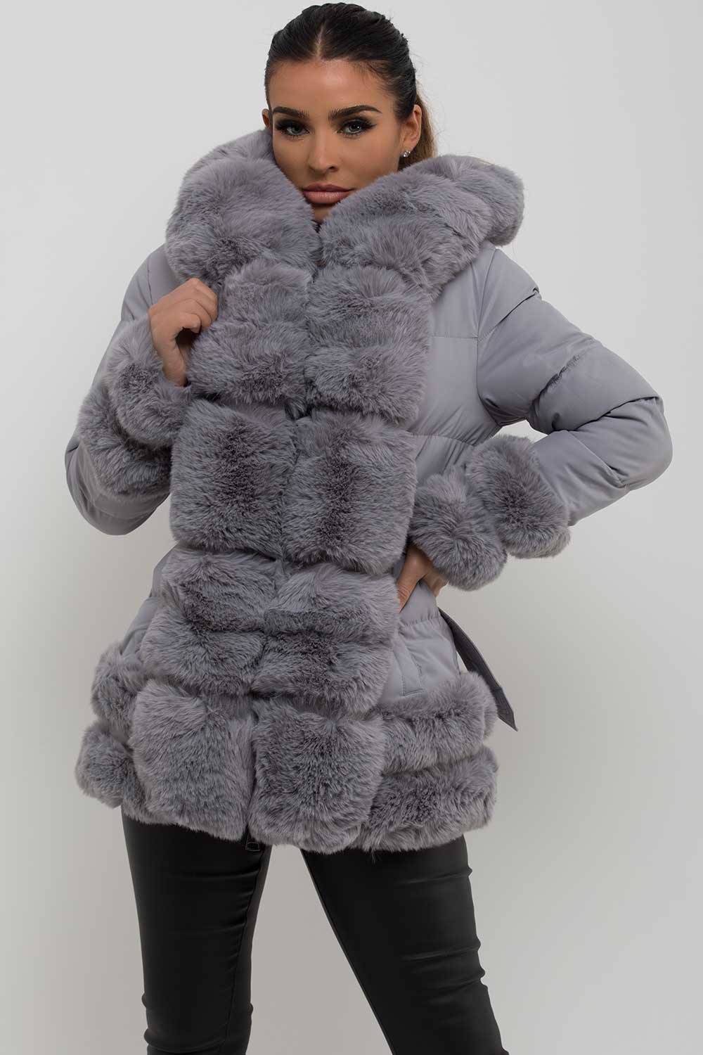 Puffer Jacket With Fur Hood Cuff And Trim Grey