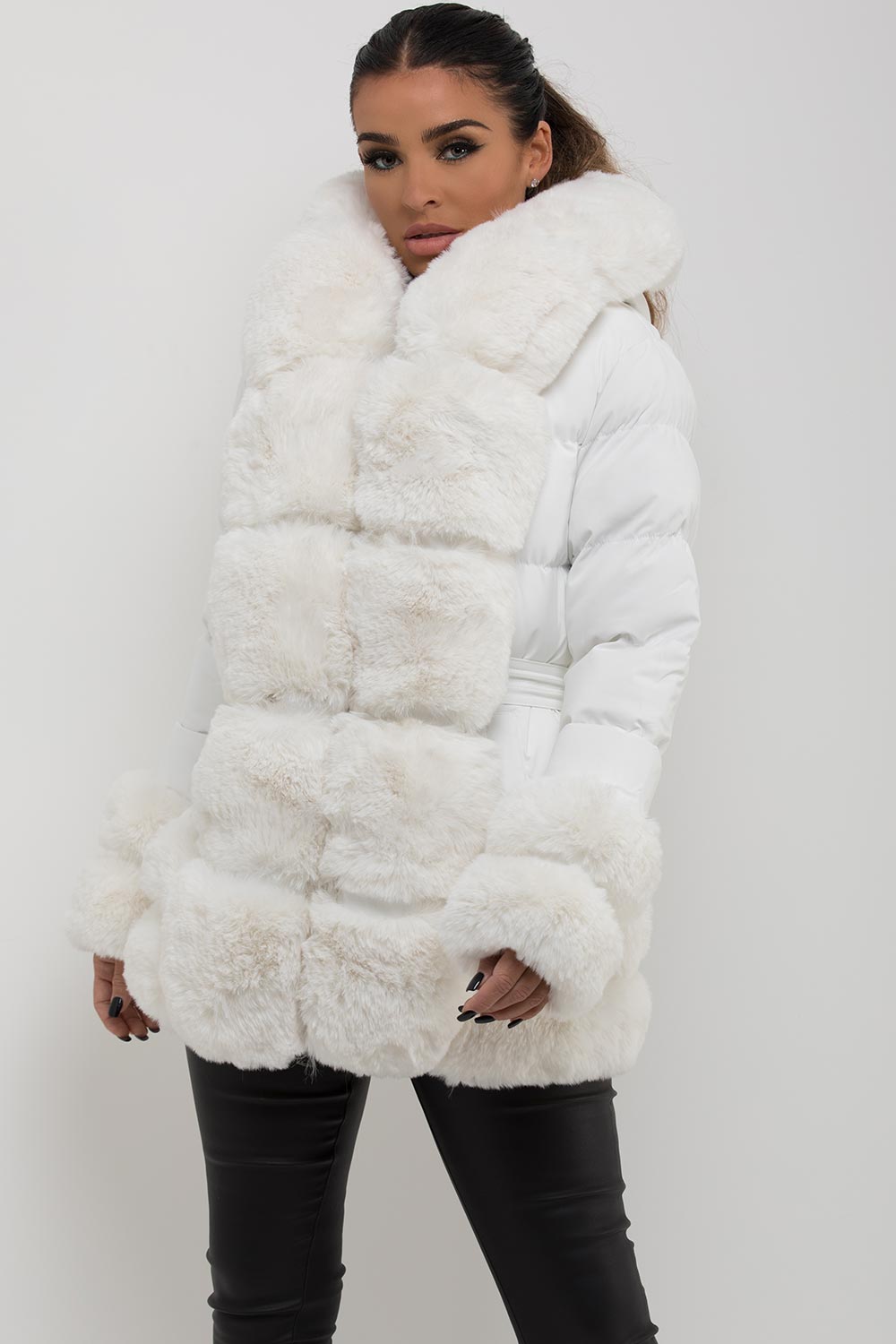 Puffer Jacket With Fur Hood Cuff And Trim White