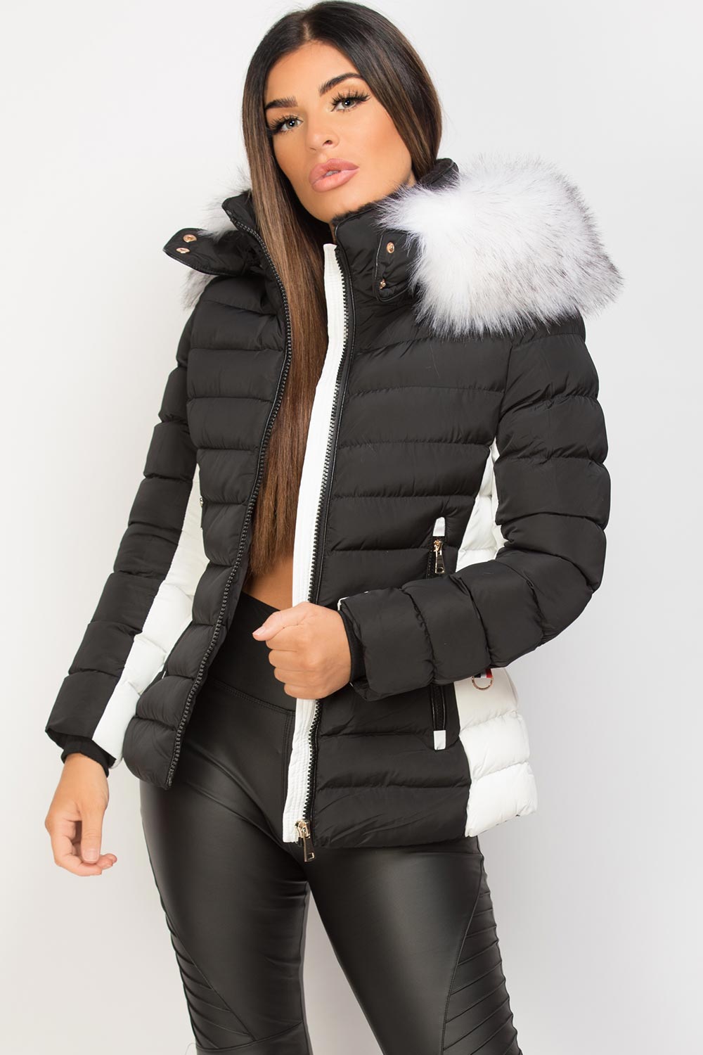 Puffer Jacket With Faux Fur Hood Black And White