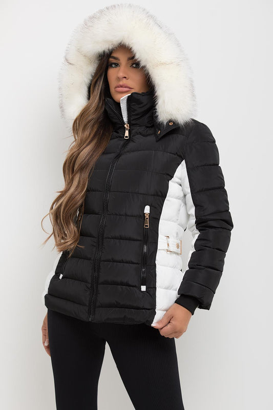 Puffer Jacket With Faux Fur Hood Black And White