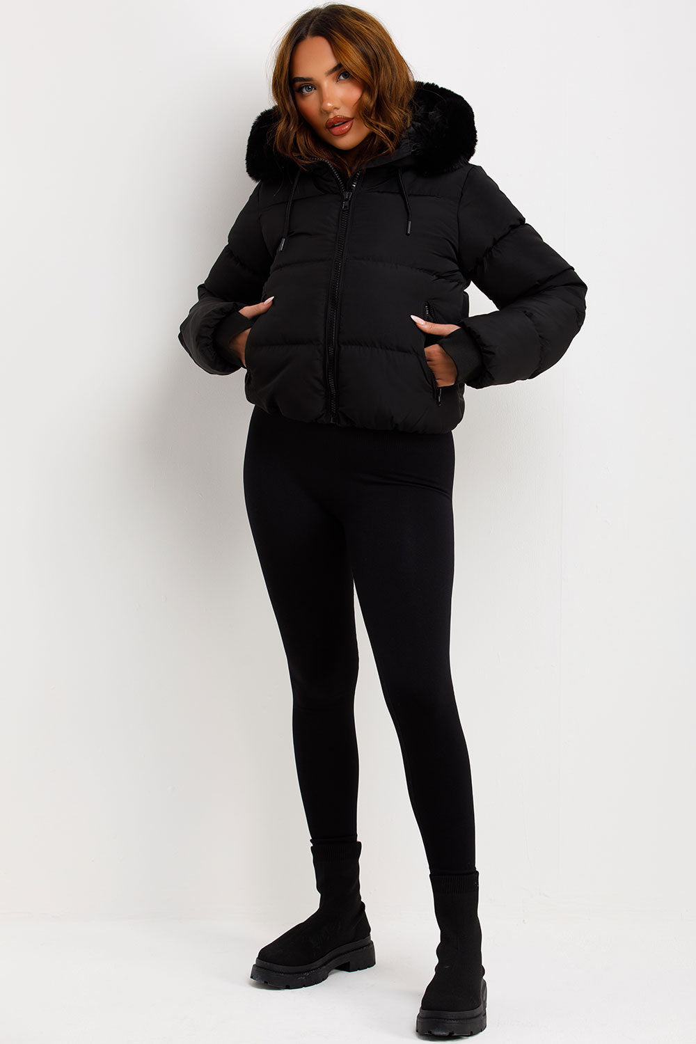 Black Puffer Jacket With Fur Hood