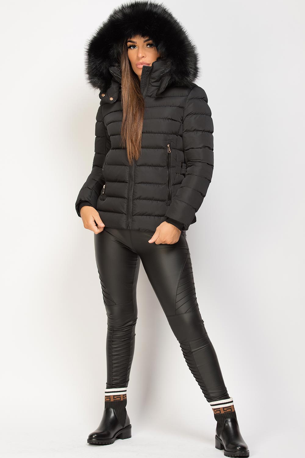 Black Puffer Jacket With Faux Fur Hood