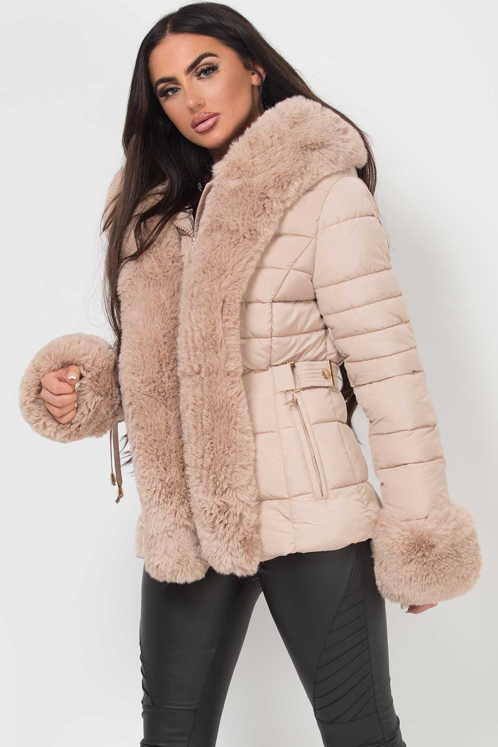 Beige Puffer Jacket With Faux Fur Hood And Cuff