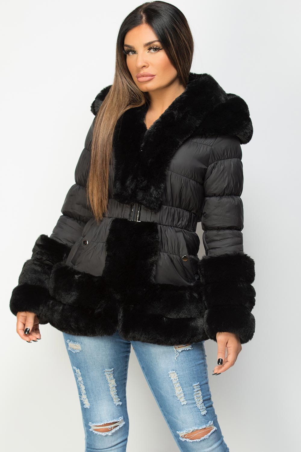 Faux Fur Trim Puffer Hooded Down Jacket With Belt