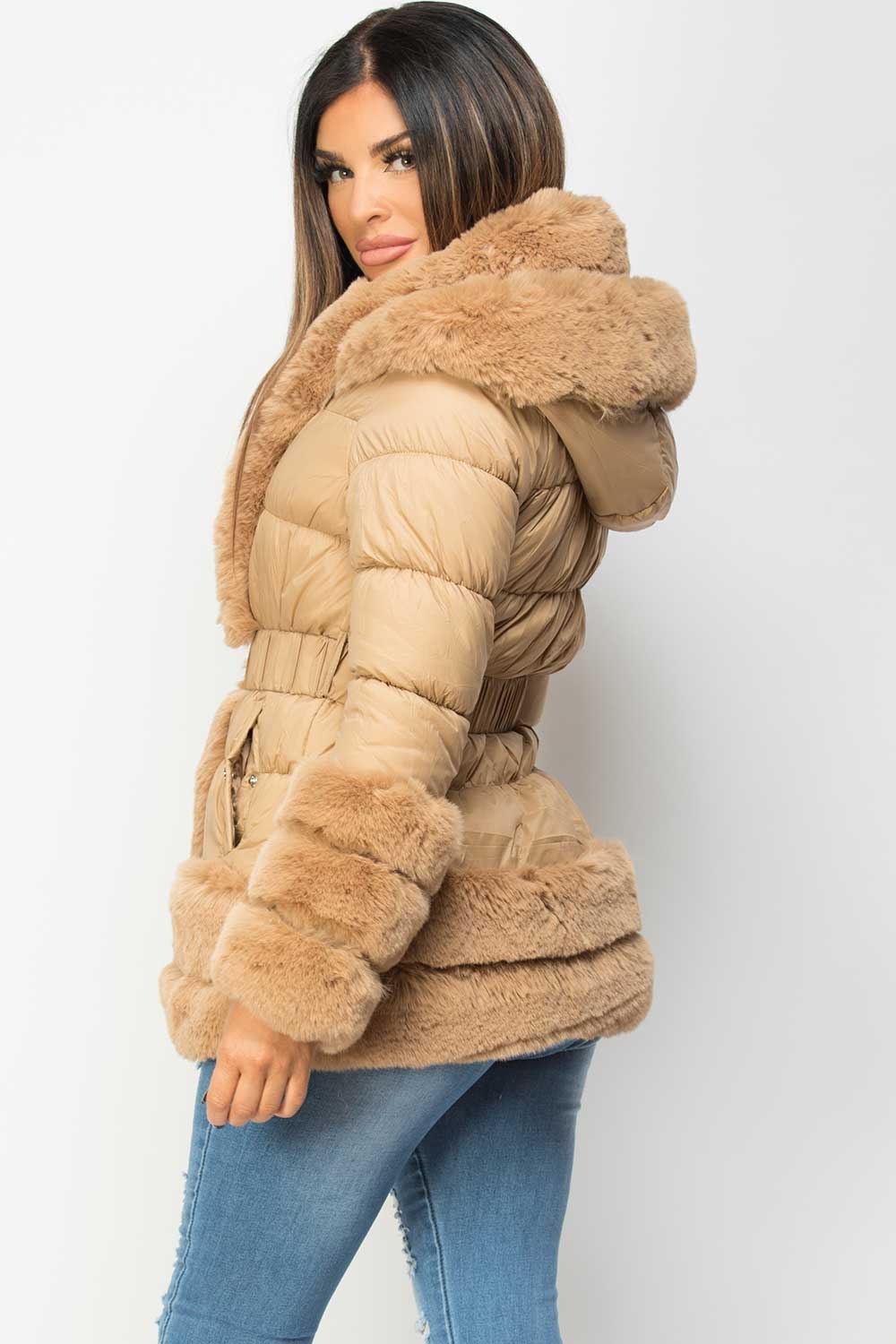 Faux Fur Trim Puffer Hooded Down Jacket With Belt Camel