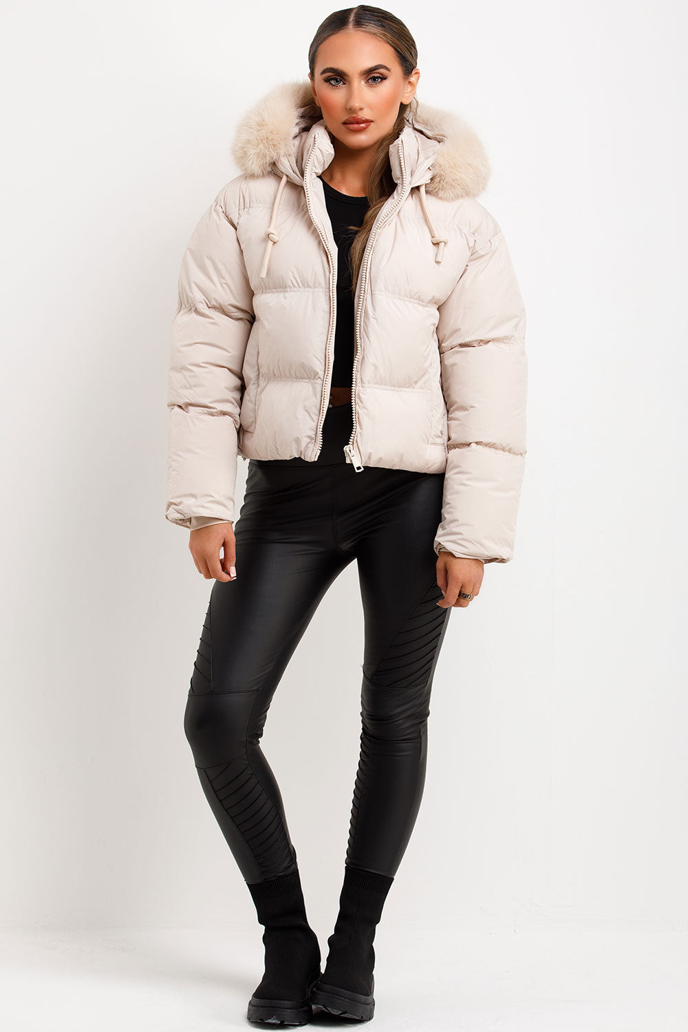 Puffer Jacket With Faux Fur Hood Beige