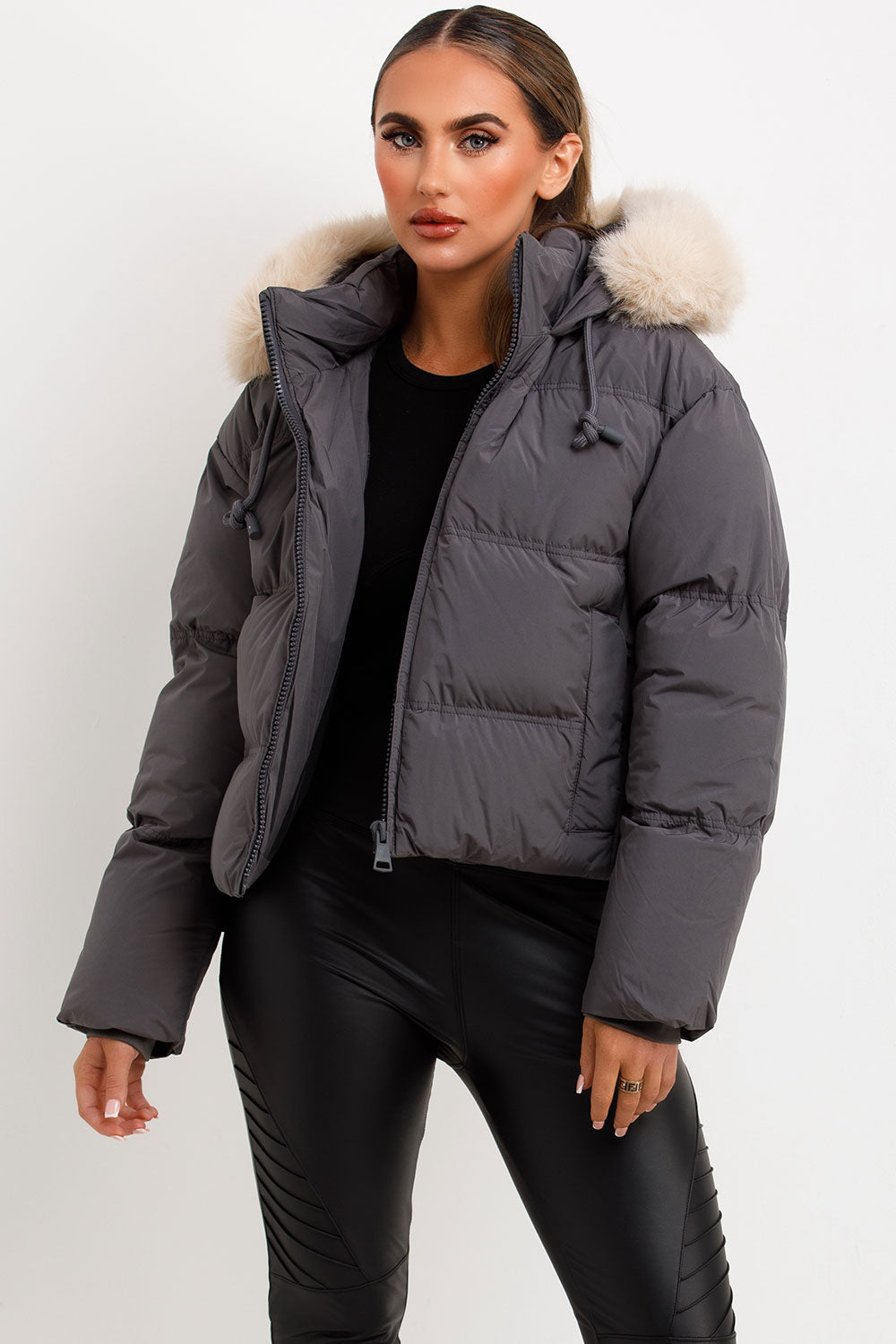 Grey Puffer Jacket With Faux Fur Hood