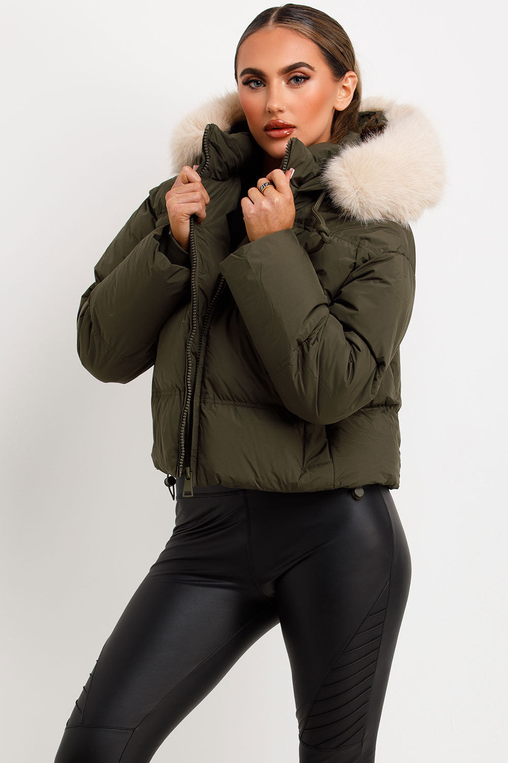 Puffer Jacket With Faux Fur Hood Khaki