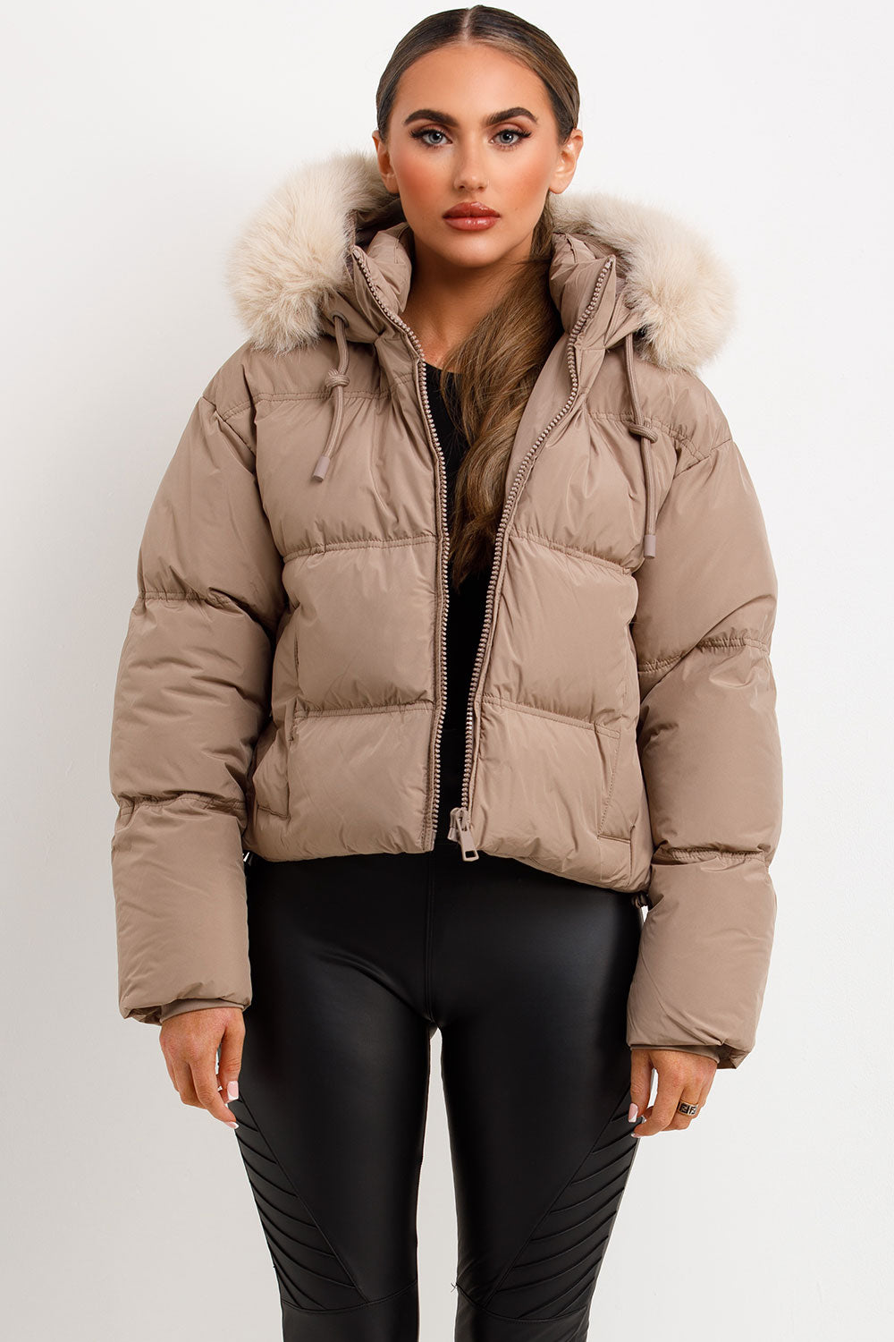 Puffer Jacket With Faux Fur Hood Stone