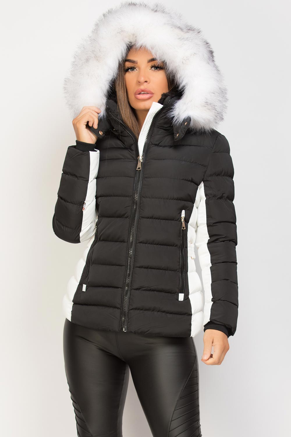 Puffer Jacket With Faux Fur Hood Black And White