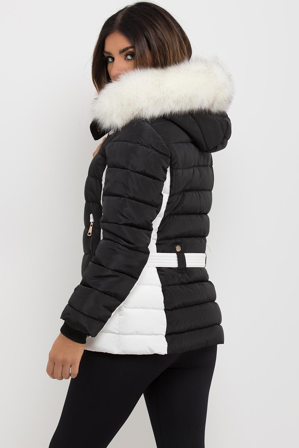 Puffer Jacket With Faux Fur Hood Black And White