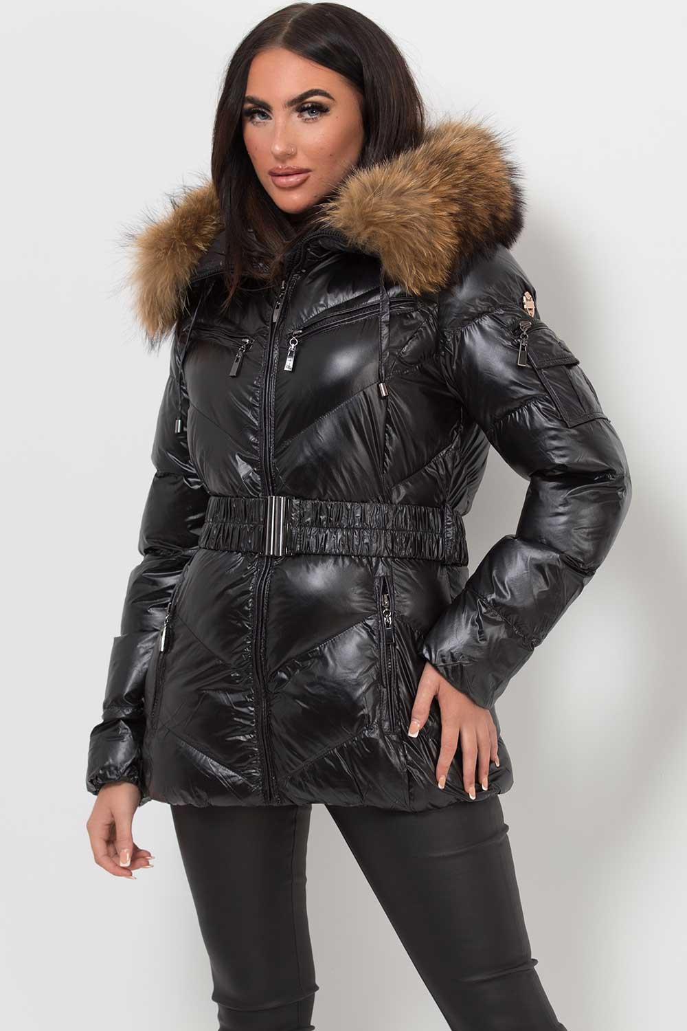 Real Fur Hood Puffer Jacket With Belt Black