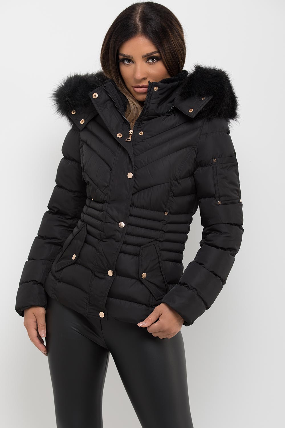 Black Puffer Coat With Fur Hood