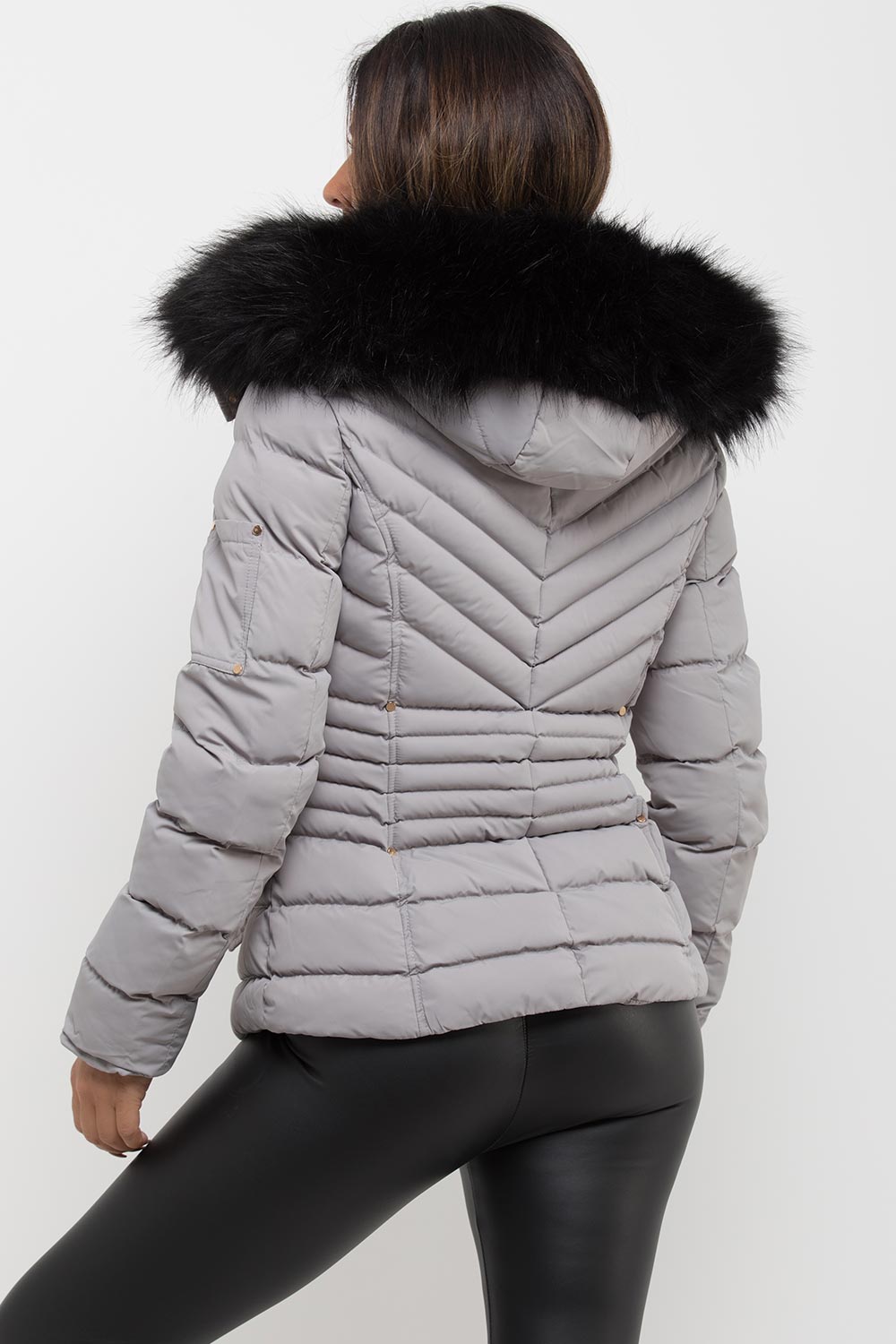 Grey Puffer Coat With Fur Hood