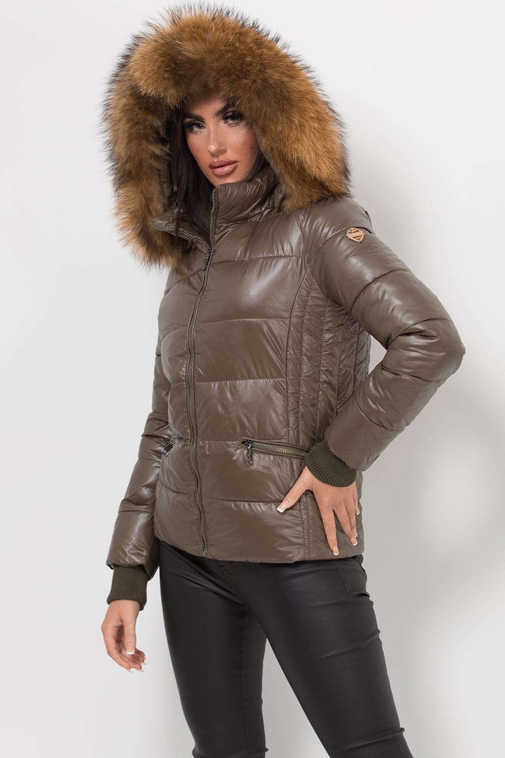 Puffer Jacket With Real Fur Hood Khaki