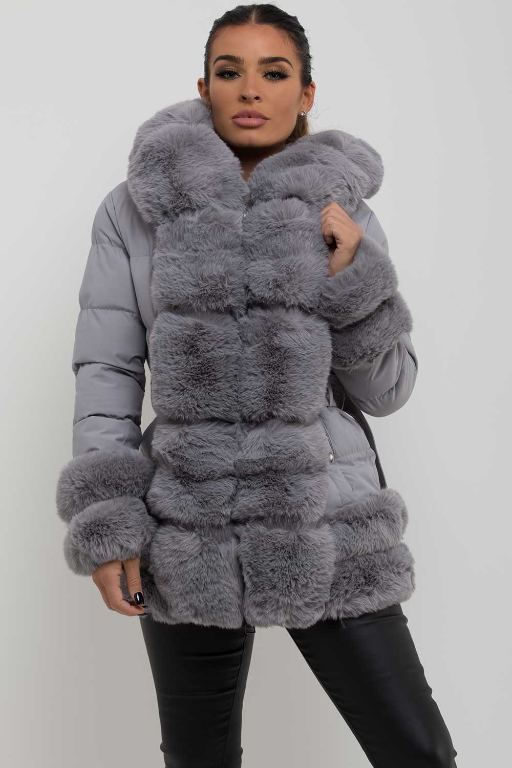 Puffer Jacket With Fur Hood Cuff And Trim Grey