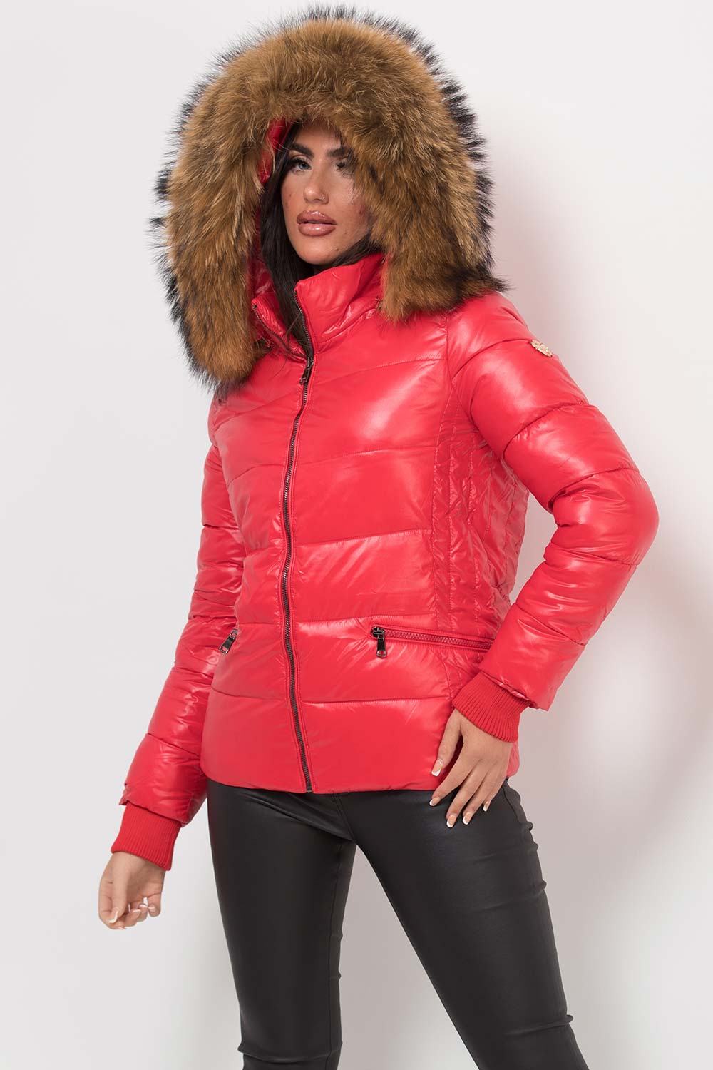 Puffer Jacket With Real Fur Hood Red