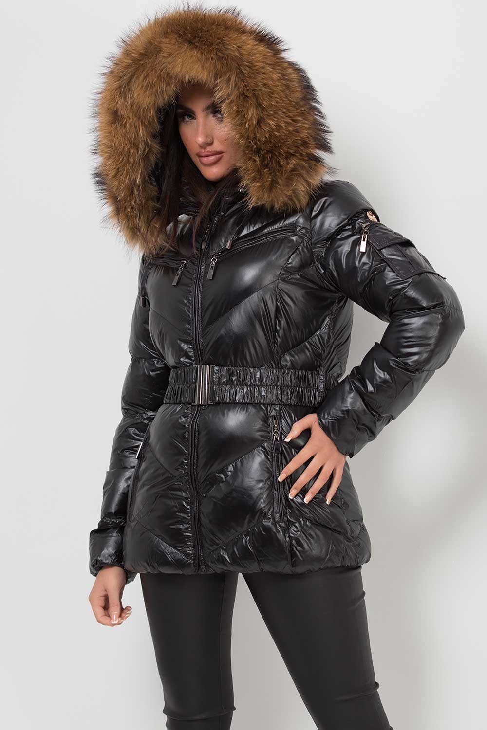 Real Fur Hood Puffer Jacket With Belt Black