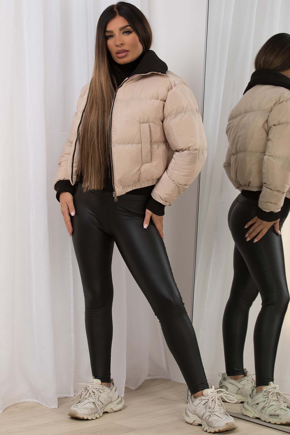 Cropped Puffer Jacket With Rib Collar Beige