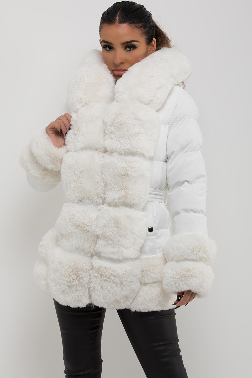 Puffer Jacket With Fur Hood Cuff And Trim White