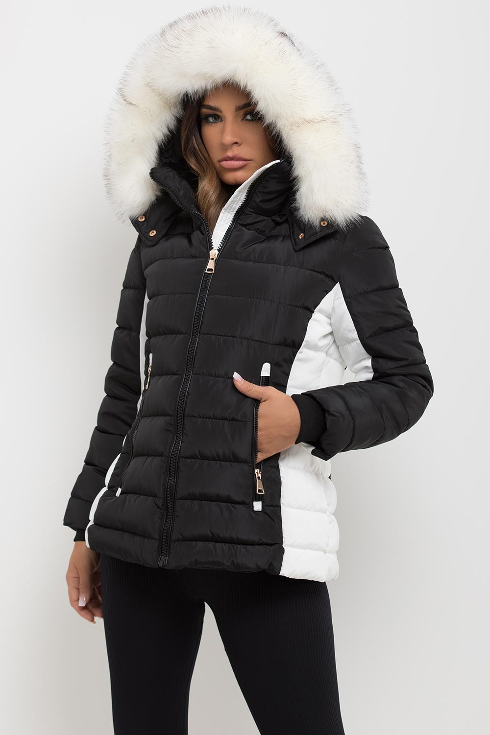 Puffer Jacket With Faux Fur Hood Black And White