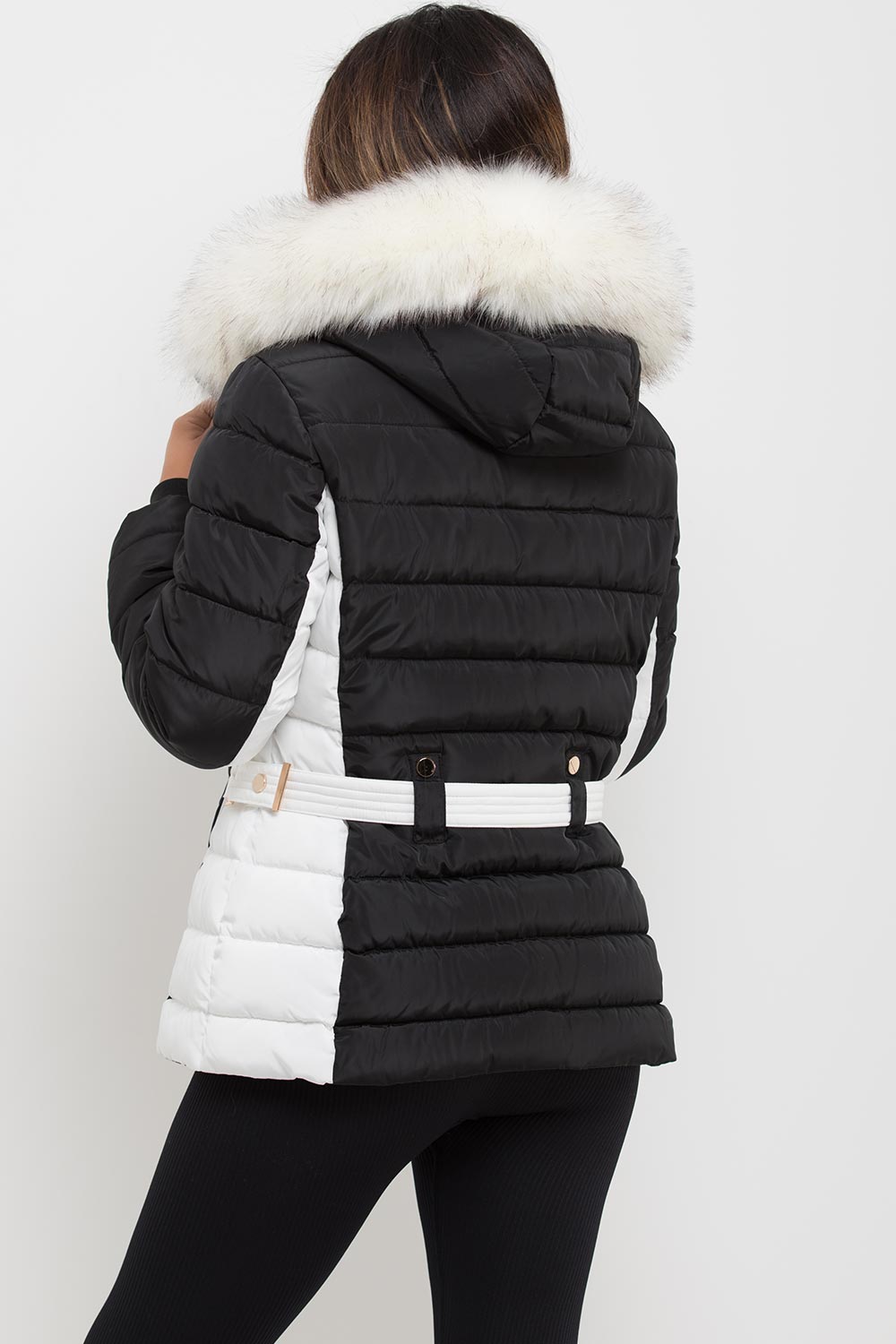 Puffer Jacket With Faux Fur Hood Black And White