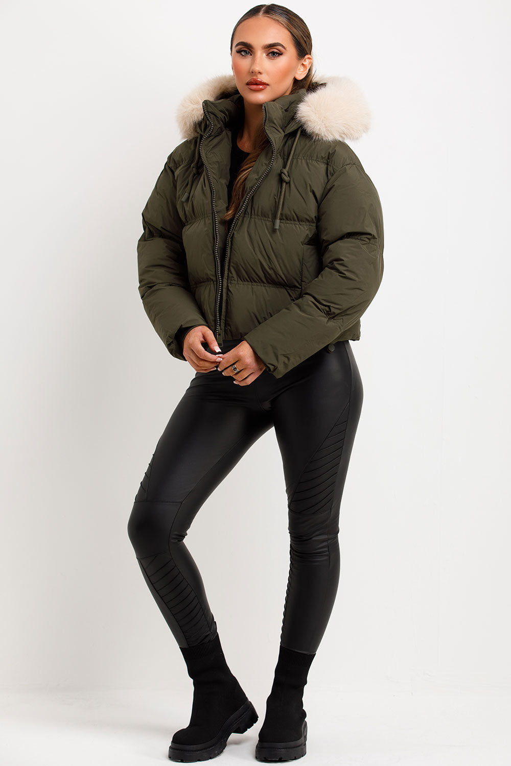 Puffer Jacket With Faux Fur Hood Khaki