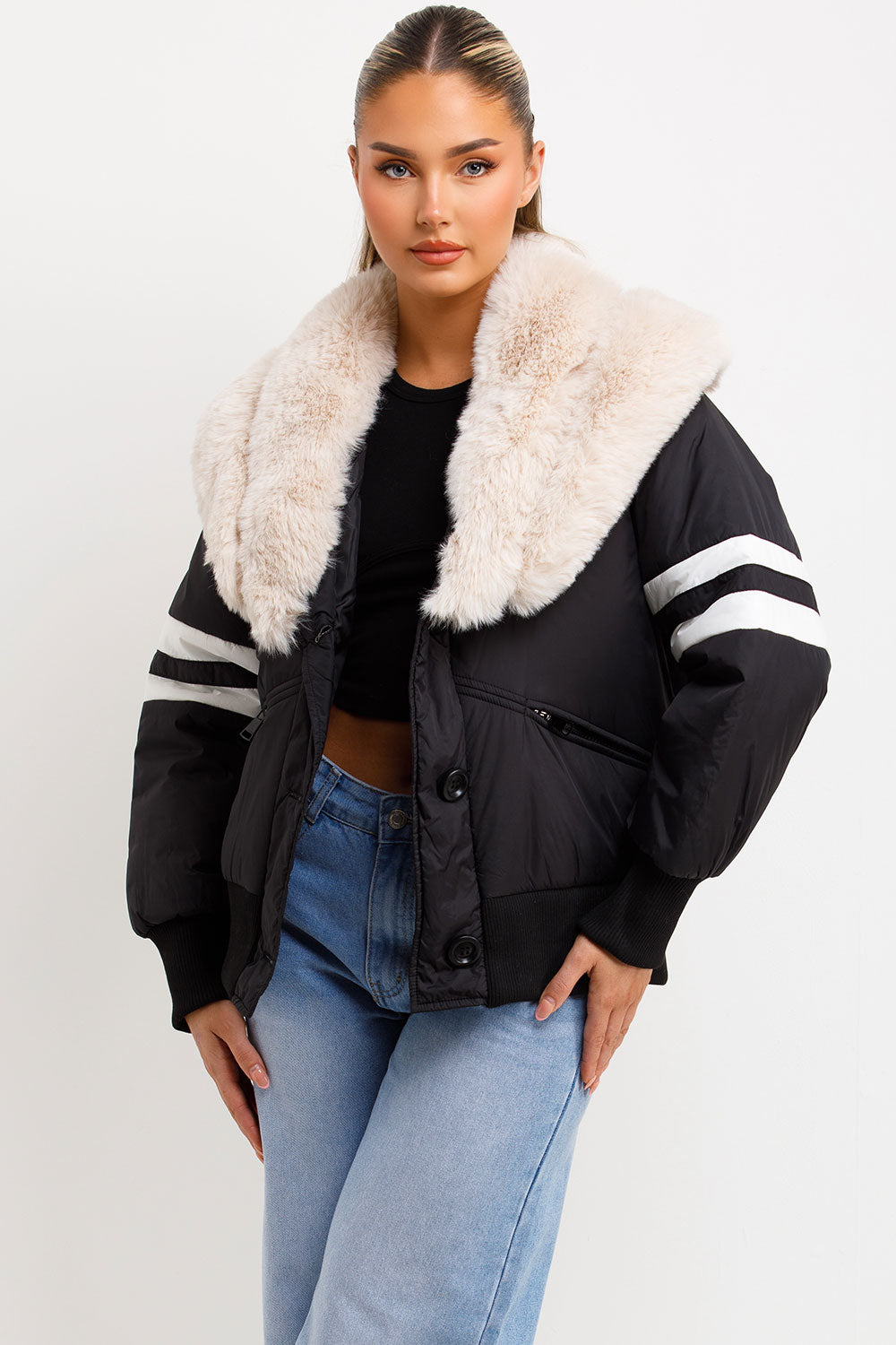 Aviator Bomber Jacket With Faux Fur And Stripe Detail Black