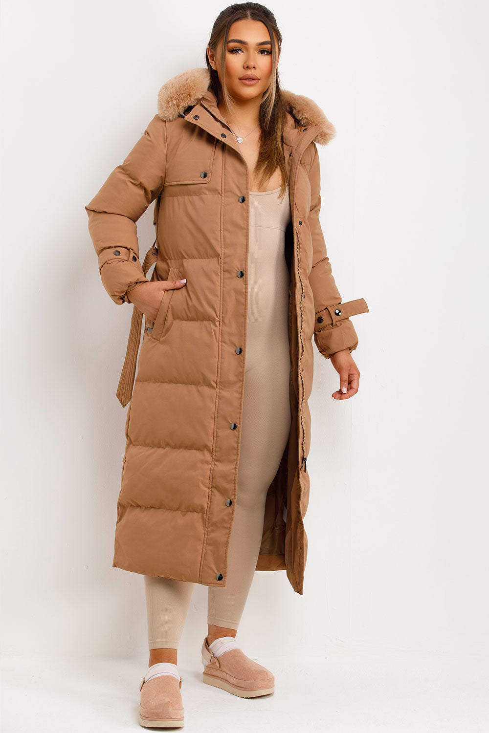 Long Puffer Trench Coat With Belt And Faux Fur Hood Camel